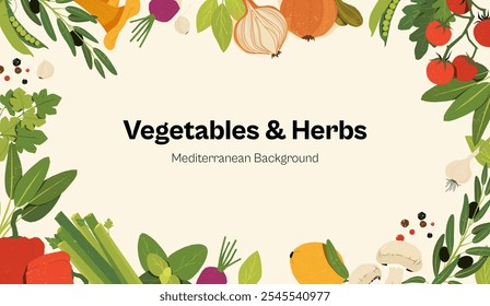 Cartoon vegetables frame. Fresh organic food border with green farm products, healthy cooking concept with natural ingredients. Vector banner.