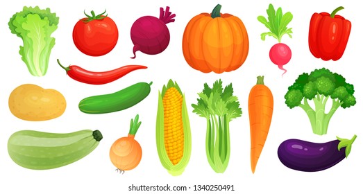 Cartoon vegetables. Fresh vegan veggies, raw vegetable green zucchini and celery. Lettuce, tomato and carrot. Vegetables food, gardening pumpkin and broccoli. Vector illustration isolated icons set