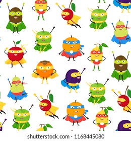 Cartoon Vegetables and Fruit Superhero Characters Seamless Pattern Background on a White Vegetarian Superpower Concept Element Flat Design Style. Vector illustration of Icon Vegetable