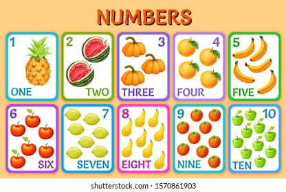 Cartoon vegetables and fruits. Children cards numbers for kids. Learning to count. Isolated vector illustration.