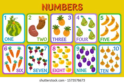 Cartoon vegetables and fruits. Children cards numbers for kids. Learning to count. Isolated vector illustration.