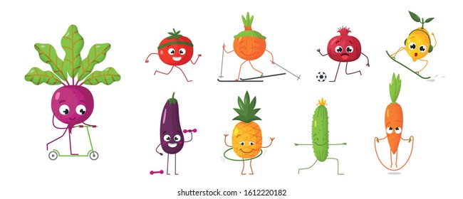 Cartoon vegetables and fruits with emotions play sports. Vector illustration