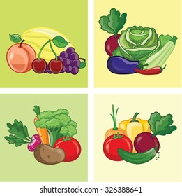 Cartoon vegetables and fruits icons