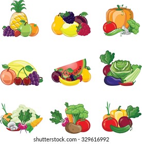 Cartoon vegetables and fruits icons