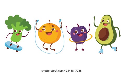 Cartoon vegetables and fruits playing sport games: broccoli with skateboard, orange with rope, plum with hula hoop and avocado with roller skates. Outdoor activity cute characters. 