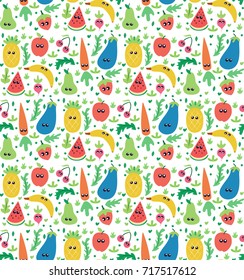 Cartoon vegetables and fruits. Seamless pattern. Vector illustration isolted on white background