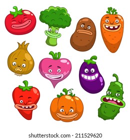 Cartoon vegetables, funny vector characters with different emotions