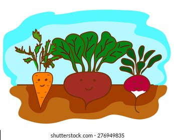Cartoon vegetables in the garden, vector illustration.