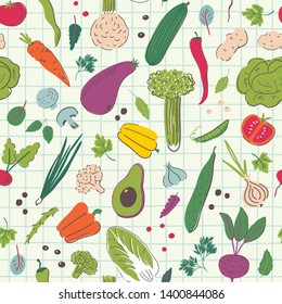 Cartoon vegetables hand draw seamless pattern. Organic and diet food. Healthy nutrition vector illustration