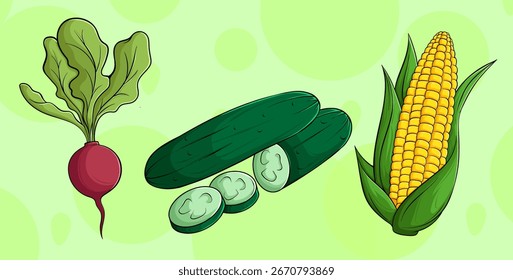 Cartoon Vegetables Illustration – Beetroot, Cucumber, and Corn on Green Background