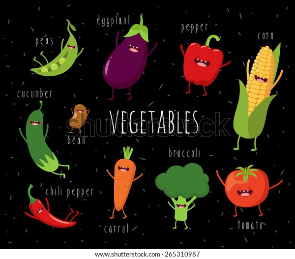 Vektor Stok Ilustrasi Sayur Sayuran Kartun Pada Hitam Kartun Tanpa Royalti 265310987