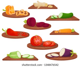 Cartoon vegetables on wooden cutting board on white background.