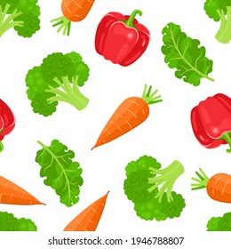 Patrón de caricaturas sin costuras. Brócoli vectorial y col de kale, pimiento rojo y zanahoria naranja. Estilo plano. Experiencia en alimentos sanos.