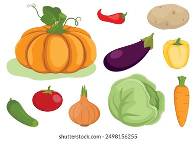 Conjunto de verduras de dibujos animados. Calabaza, zanahoria, cebolla, tomate, pepino, repollo, berenjena, pimienta, patata sobre un fondo blanco.