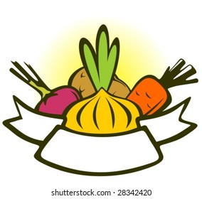 Cartoon vegetables set with ribbon on a white background.