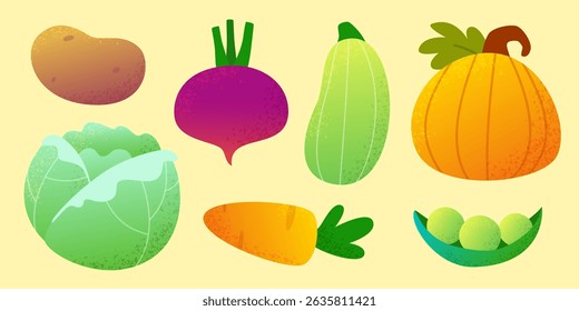 Cartoon vegetables set. Textured veggies collection for kids. Harvest clipart bundle.