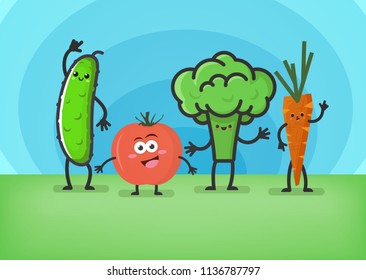 Cartoon vegetables. Smiling cute characters: cucumber, tomato, broccoli and carrots. Funny food concept. Vector illustration.