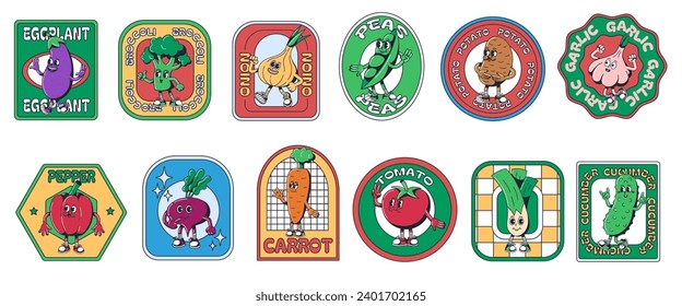 Cartoon vegetables stickers. Veggie emblems templates with retro 1930s mascot characters. Grocery labels vector set of vegetable sticker organic natural illustration