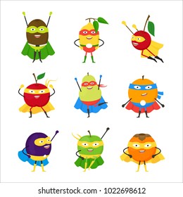 Cartoon Vegetables Superhero Characters Icon Set Vegetarian Superpower Concept Element Flat Design Style. Vector illustration of Icon Vegetable