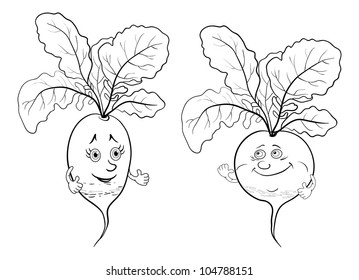 Cartoon, vegetables, two character radish, black contour on white background. Vector illustration