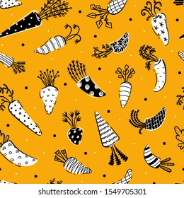 Cartoon Vegetables Vector Food Background. Seamless pattern of Hand Drawn Doodle Carrots with Abstract Pattern. Cute Carrot Wallpaper