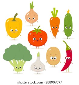 Cartoon vegetables vector set in flat style. Onion, carrot, cucumber, paprika, tomato, pepper, broccoli, garlic, potato