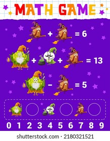 Cartoon vegetables wizard and warlock characters math game worksheet, vector education riddle. Kids math puzzle with potato, mushroom and Romanesco cabbage as wizards for mathematics count game