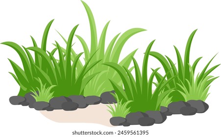 Cartoon vegetation in path with stones.