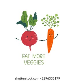 Cartoon veggies characters. "Eat more veggies" lettering. Poster with cute beetroot and carrot. Sustainable lifestyle concept. Flat style vector illustration.