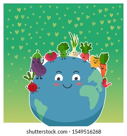 Cartoon veggies characters standing on planet. Carrot, chilli, radish, pepper, beet, broccoli, tomato. Smiling happy friends.  Funny cute square sticker. Hand drawn illustration with Earth. Copy space