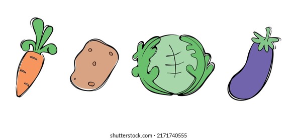 Cartoon veggies set.Hand drawn vector doodle vegetable collection.Green cabbage,orange carrot,violet eggplant,brown potato.Vegetables.Food decoration packaging elements.Gardening.Vegetarian.Vegan DIY.