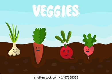 Cartoon veggies underground in garden bed, smiling vegetables characters under earth - pink radish, orange carrot, garlic, red beetroot. Fresh products from ecological farm. Handwritten word VEGGIES.