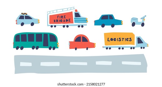 Cartoon vehicle - car, bus, taxi, moto, fire engine, truck. Isolated on white background vector illustration. Cute elements for design.