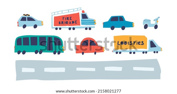 Cartoon vehicle - car, bus, taxi, moto, fire\
engine, truck. Isolated on white background vector illustration.\
Cute elements for\
design.