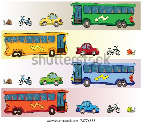 cartoon\
vehicles car, bus bike and snail -\
illustration