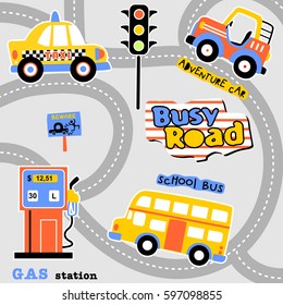 Cartoon vehicles in the road, traffic elements, vector cartoon illustration
