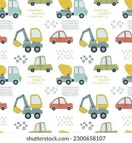 Cartoon vehicles vector seamless pattern. Cute kids cars and truck on a white background.
 Hand drawn baby transport for textile