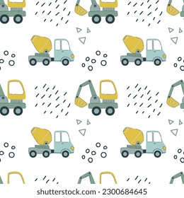 Cartoon vehicles vector seamless pattern. Cute kids cars and truck on a white background.
 Hand drawn baby transport for textile