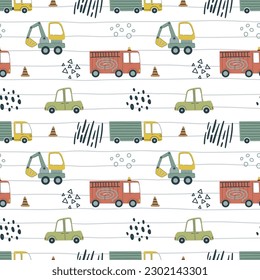 Cartoon vehicles vector seamless pattern. Cute kids cars and truck on a white background.
 Hand drawn baby transport for textile