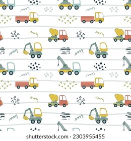 Cartoon vehicles vector seamless pattern. Cute kids cars and truck on a white background.
 Hand drawn baby transport for textile