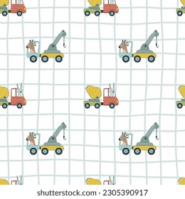 Cartoon vehicles vector seamless pattern. Cute kids cars and truck on a white background.
 Hand drawn baby transport for textile