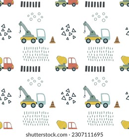 Cartoon vehicles vector seamless pattern. Cute kids cars and truck on a white background.
 Hand drawn baby transport for textile