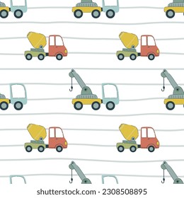Cartoon vehicles vector seamless pattern. Cute kids cars and truck on a white background.
Hand drawn baby transport for textile