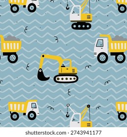 Cartoon vehicles vector seamless pattern. Cute kids cars and truck on a white background. Hand drawn baby transport for textile
