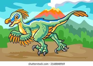 cartoon velociraptor mascot isolated on erupting mountain scenery background