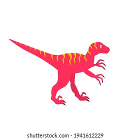 A cartoon velociraptor stands sideways on a white background. Dinosaur pink color cute on white background isolated.