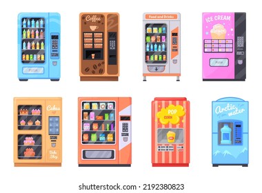 Cartoon vending machines. Automatic snacks machine bubblegum candies food bar, convenienc dispenser soda water drinks industry sell coffee beverage cartoon vector illustration of vending machine set