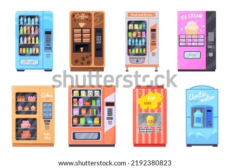 Cartoon vending machines. Automatic snacks machine bubblegum candies food bar, convenienc dispenser soda water drinks industry sell coffee beverage cartoon vector illustration of vending machine set