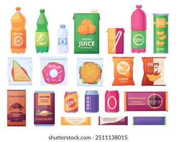 Cartoon vending products. Chocolate and cereal bars, drinks in cans and bottles, snack in plastic packs. Sandwich burger donut, fast food nowaday vector set