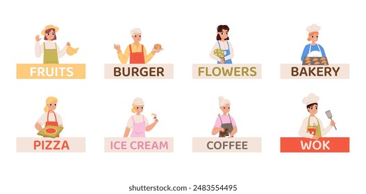 Cartoon vendors. Sellers on fresh farm food market with goods. Flowers fruits burgers coffee wok and bakery. Cute vector professional avatars